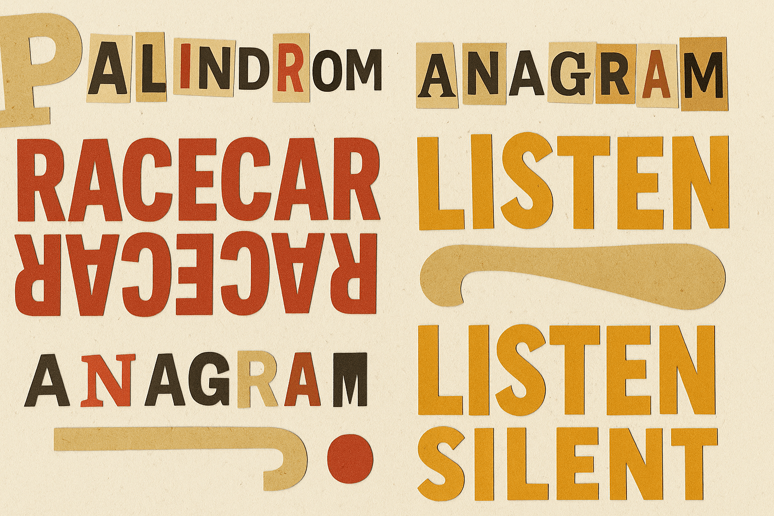 Wordplay collage showing palindromes, anagrams, and puns